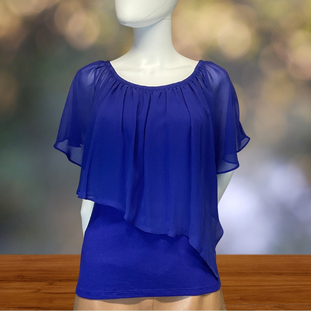Thalia Sodi Women's Size Small Blue Asymmetrical Overlay Top Rayon Blend NWT!